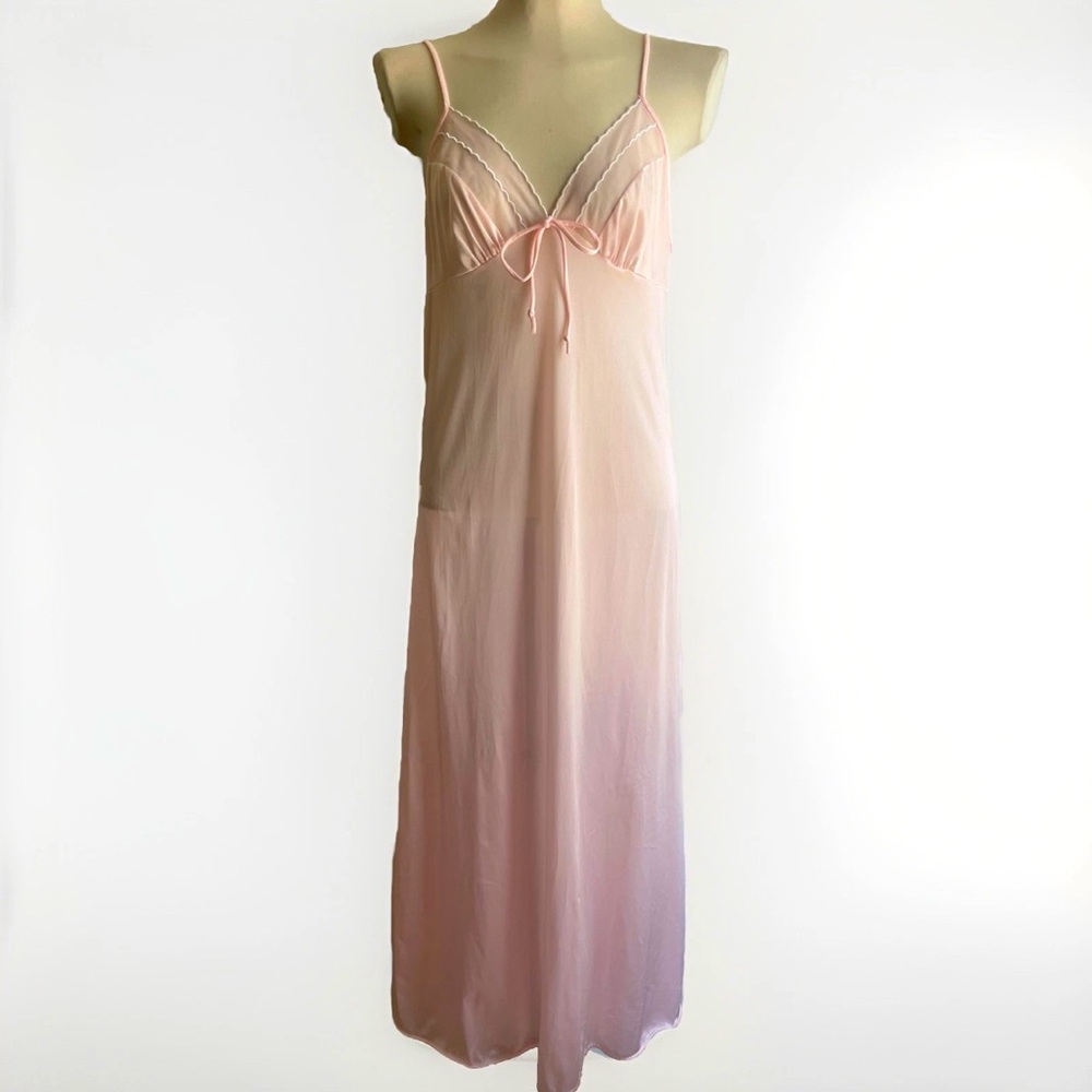 Vintage 70s Val Mode Pink Nightgown Long Bow Sheer Strappy Medium